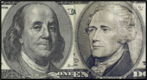 Faces of Ben Franklin and Alexander Hamilton on the front of money