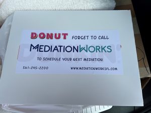 MediationWorks donut delivery box label - Donut forget to call MediationWorks to schedule your next mediation