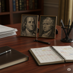 Desk with Photos of Jefferson and Hamilton side by side