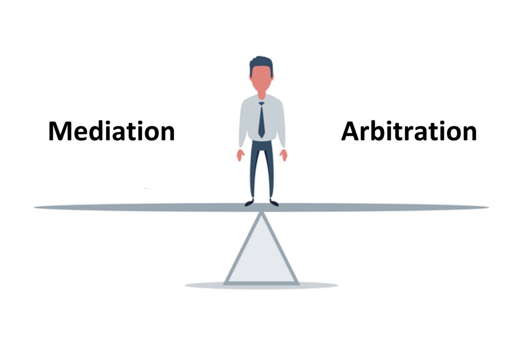 Words Mediation and Arbitration on a seesaw separated by a man in a suit