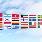 customer service operator woman with headset smiling isolated on international flags background, interpreter, translator
