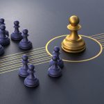 Chess pieces following the leading golden chess piece in a ring of forward arrows. 3d rendering.