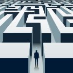 Businessman stands in front of a labyrinth. Problem solving and business opportunities. Vector illustration
