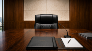 A formal hearing setup in a high-rise office. The head of the table features a single judge's/arbitrator's station with a formal leather folder, gavel block, and clean notepad, facing counsel seating.