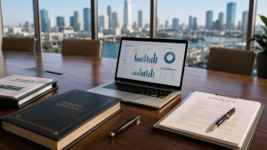 A high-rise boardroom setting with a sleek laptop displaying corporate financial metrics, bound partnership agreements, and a modern desk layout.