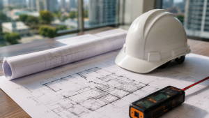 An unrolled architectural blueprint on a light oak table alongside a clean white safety hardhat and a digital laser measuring tool.