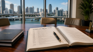 An executive desk featuring an open employee handbook binder, a formal employment agreement draft with a pen, and a warm corporate skyline background.