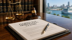 An executive desk featuring an open legal billing ledger, fee agreement contract, desk calculator, and a fountain pen.
