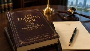 A close-up shot of an official, bound volume of the Florida Rules of Court and ethics guidelines resting neatly on a dark wood executive desk next to a classic pen.