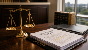 A dark wood desk featuring a formal insurance policy jacket, highlighted coverage endorsement pages, and a classic brass set of scales resting beside a leather binder.
