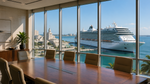 An executive conference room desk with floor-to-ceiling windows showing a distinct cruise ship docked at a sunny Florida port terminal in clear view.