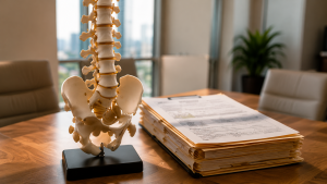  A pristine mediation room featuring a detailed professional anatomical spine/joint model sitting next to a medical record folder at the head of the table.