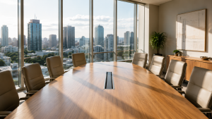 A wide-angle view of a modern, light-filled executive conference room with a polished light-oak table, ergonomic leather chairs, and floor-to-ceiling windows looking out over a bright, sunny Florida skyline