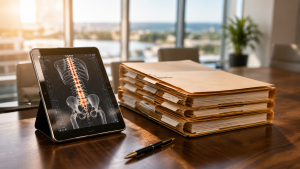 A clean shot of a conference table with an open file jacket, high-resolution anatomical diagram on a tablet screen, and organized medical summary folders.