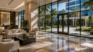 An upscale commercial hospitality suite with architectural glass walls, polished stone flooring, and high-end property seating looking out onto a modern commercial building courtyard.
