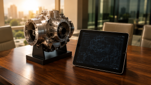 A conference table prepared for an expert review, showing a sleek industrial mechanical component on a stand next to a tablet displaying 3D CAD design schematics.