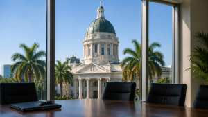 A high-rise conference room desk with a clear, framed view of a classic municipal courthouse dome or government plaza outside the floor-to-ceiling windows.
