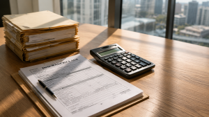 A clean administrative desk featuring formal state workers' compensation claim files, a medical fee schedule document, and a digital calculator.